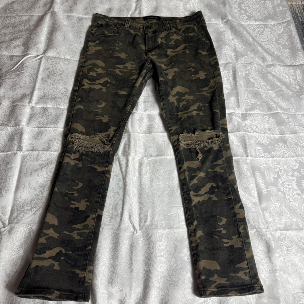 Men's PLATFORM Skinny Camo Jeans Waist 36x32 Green Brown